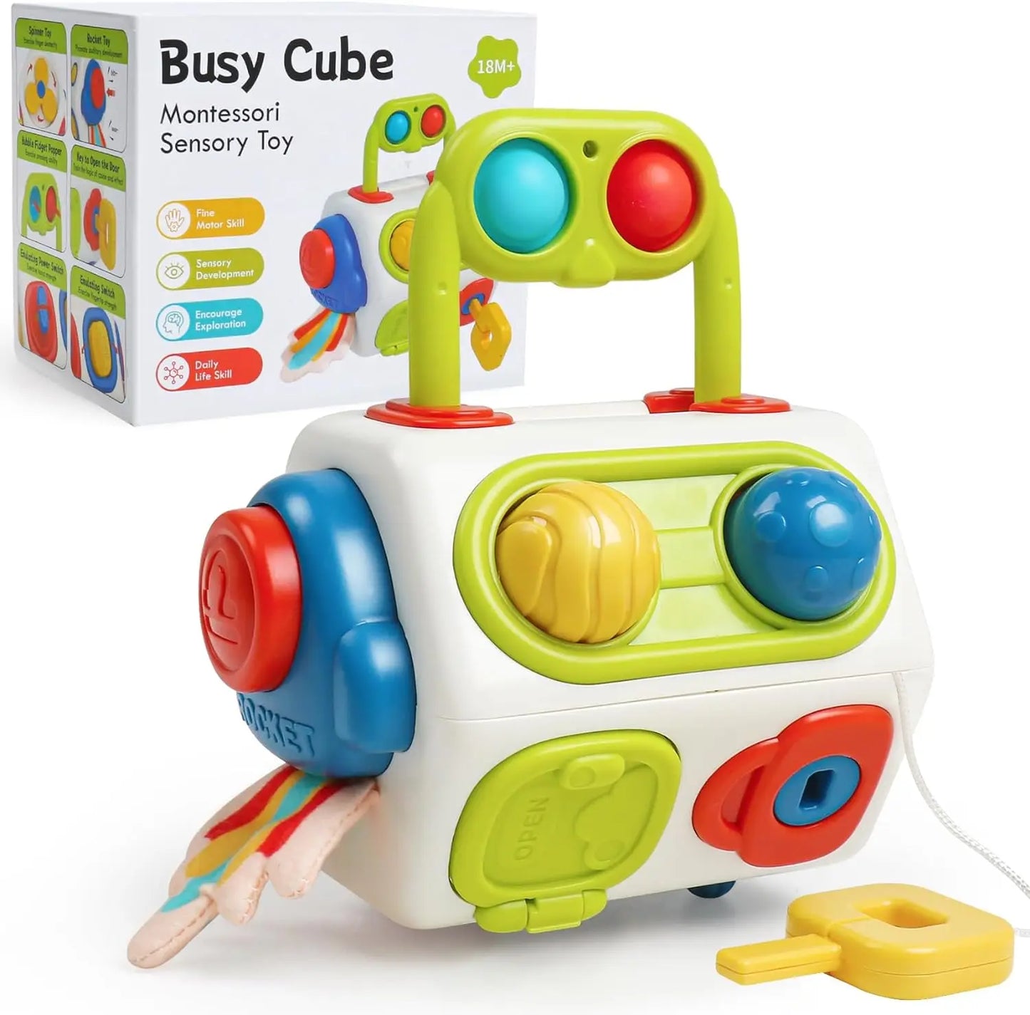 Baby Busy Board Cube Montessori Sensory Toys for Toddler Educational Learning Activities Travel Toy Lock Box Fine Motor Skill