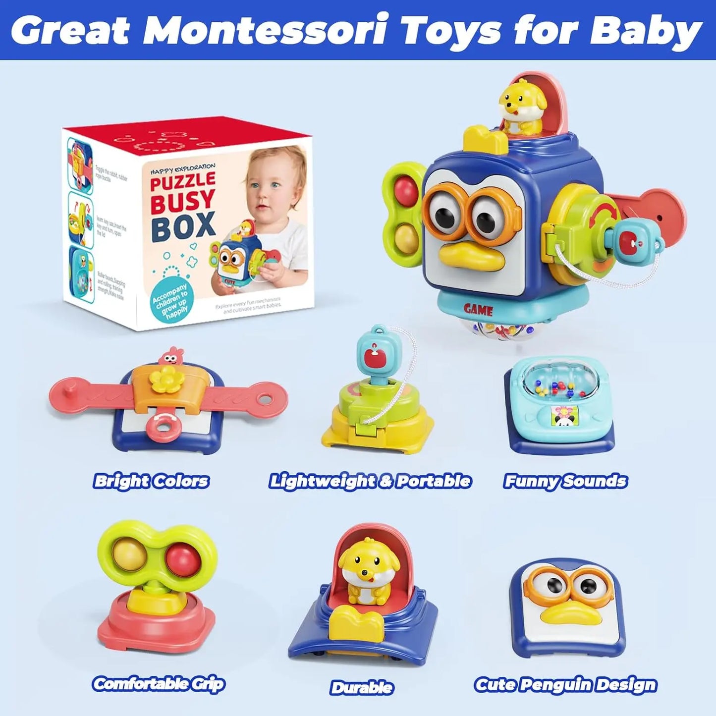Baby Busy Board Cube Montessori Sensory Toys for Toddler Educational Learning Activities Travel Toy Lock Box Fine Motor Skill