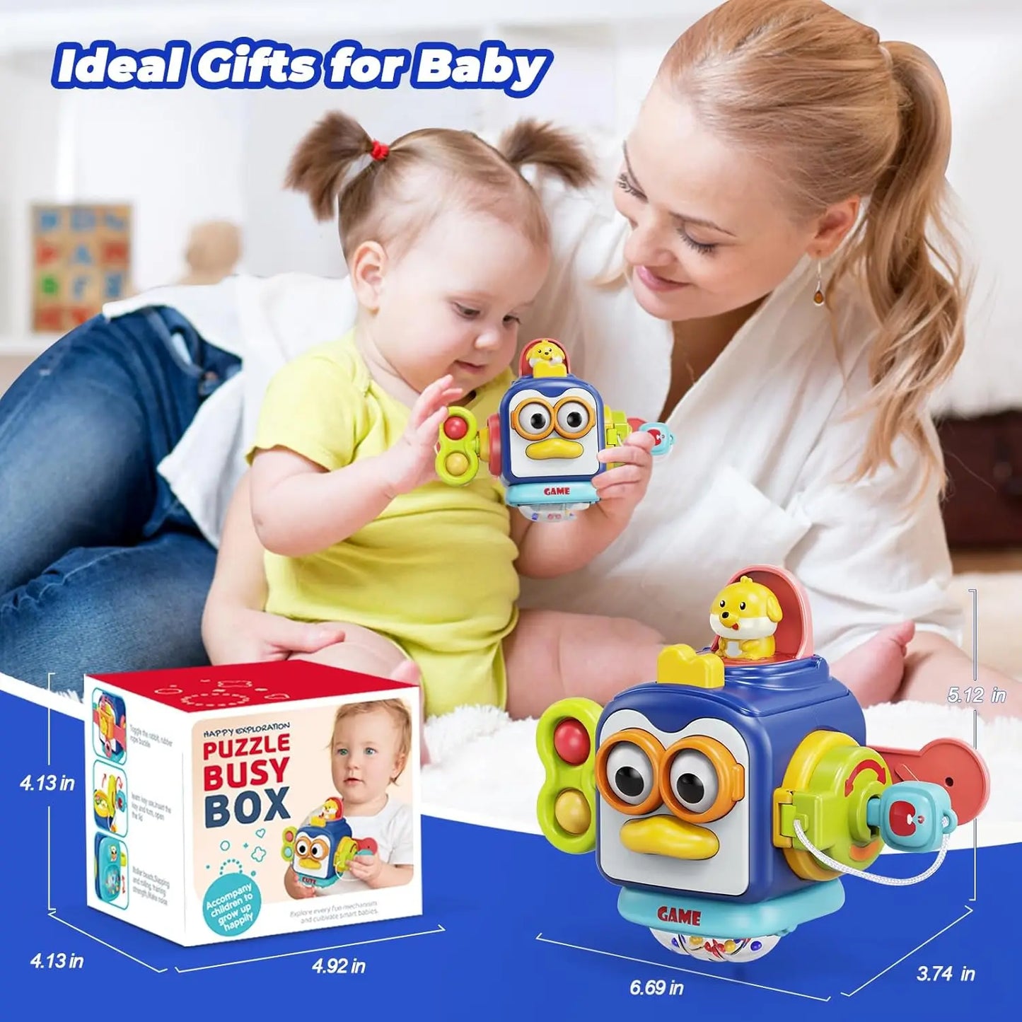 Baby Busy Board Cube Montessori Sensory Toys for Toddler Educational Learning Activities Travel Toy Lock Box Fine Motor Skill