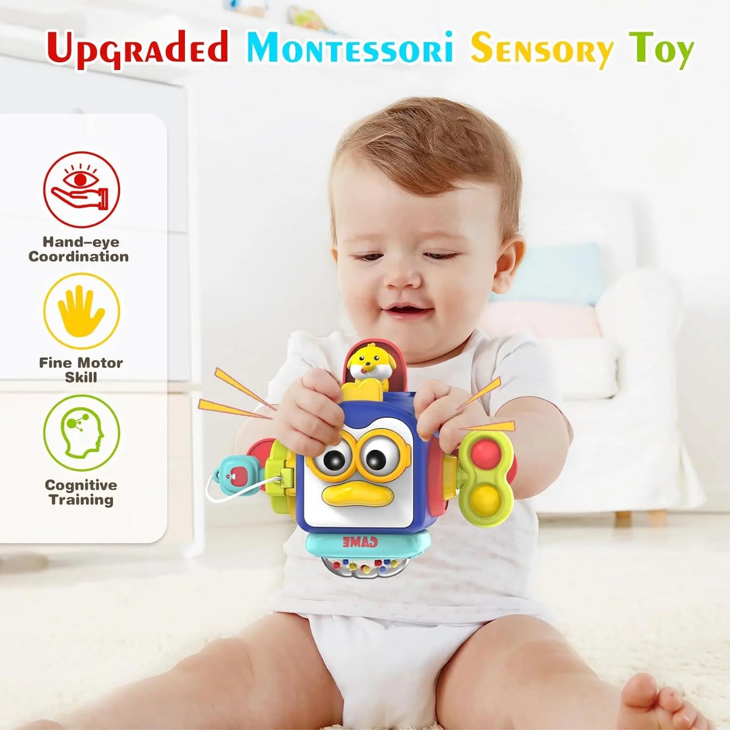 Baby Busy Board Cube Montessori Sensory Toys for Toddler Educational Learning Activities Travel Toy Lock Box Fine Motor Skill